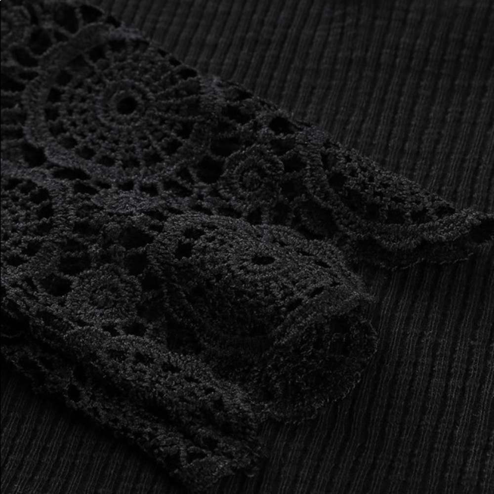 Black Crochet Plus Sized Lace Hem Sleeve Button Rib Knit Henley Top - 2X - Picture 9 of 12